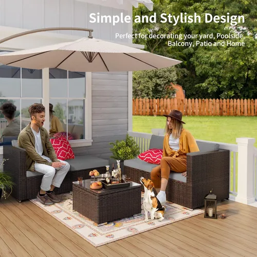 Vista 8 de Qsun Juego de sofá de patio al aire libre, sofá de conversación seccional de ratán de polietileno con una mesa de centro de cristal para patio Ratán