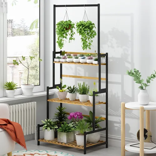 Vista 2 de Ufine - Soporte de bambú para plantas colgantes de 3 niveles con estante en escalera y barra colgante. Organizador de altura ajustable para macetas.
