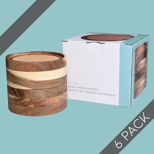 Vista 7 de Portavasos de madera de acacia para bebidas, 4.13 pulgadas, juego de 6, absorbentes y aislantes, apilables de corcho, posavasos rústicos para mesa