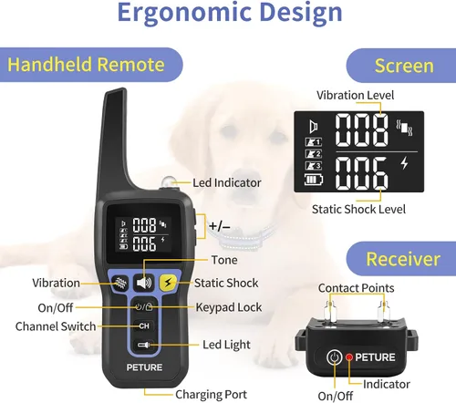 Vista 6 de Collar de choque para perro, collar de entrenamiento para perros con control remoto de 3300 pies, IPX7 impermeable, collar de choque para perros