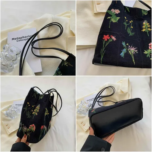 Vista 3 de Lefe Liee Bolso de mano pequeño floral para mujer, bolso de hombro de lona estético reutilizable, bolso cruzado tipo hobo, bolso de cubo casual