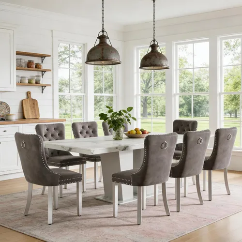 Vista 39 de Mesa de comedor extensible de 78.74 pulgadas para 6 8 y 10 pulgadas, moderna mesa de comedor extensible de granja con base de doble pedestal, mesa