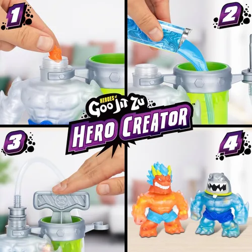 Vista 2 de Heroes of Goo Jit Zu Paquete Hero Creator con 2 figuras de acción y 6 rellenos de goo únicos, mezcla, rellena y crea tu propio Blazagon elástico