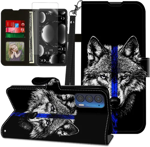 Vista 417 de Funda para Motorola Edge 2022 con protector de pantalla, soporte y tarjetero y correa para la muñeca, funda magnética para Moto Edge 2022 5G UW Lobo