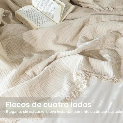 Vista 7 de MooMee - Manta de muselina 100% algodón con flecos de 4 capas de gasa, tamaño Queen Manta de verano suave, transpirable y ligera para adultos