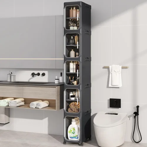 Vista 14 de KHNR Armario de almacenamiento de baño delgado de 2 niveles, gabinetes de almacenamiento plegables, almacenamiento de baño estrecho, organizador