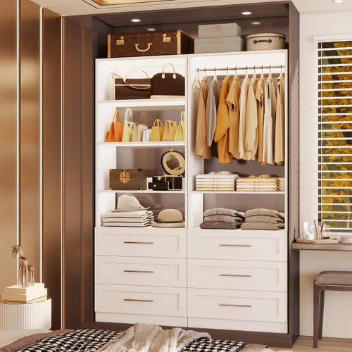 Vista 7 de Sistema de armario con 6 cajones, sistema organizador de armario de madera de 48", sistema de armario para vestidor o armario pequeño con estantes