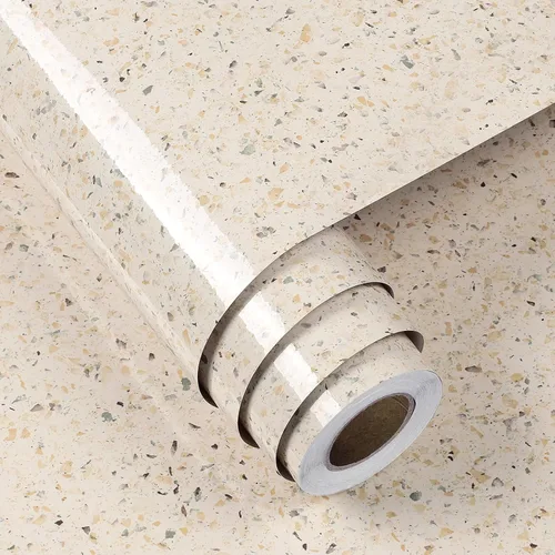 Vista 6 de FunStick 24"x200" Glossy Beige Granite Countertop Contact Paper Beige Terrazzo Wallpaper Peel and Stick Countertops Waterproof Self Adhesive Granite