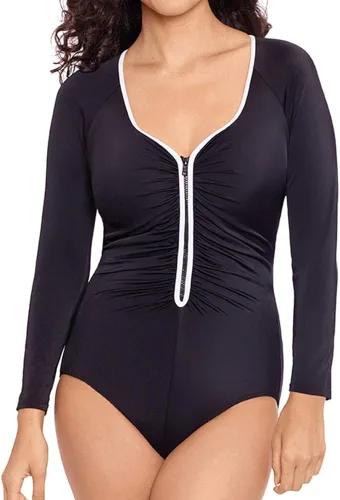 Vista 2 de Reebok Traje de baño de una pieza para mujer, manga larga, bloque de color, cremallera frontal, plateado