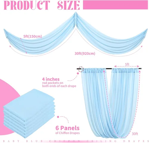 Vista 2 de 6 Paneles de Cortinas de Techo Azul Bebé para Boda, Cortinas de Techo de 5 pies x 30 pies, Tela de Cortina para Arco de Boda, Cortinas Transparentes
