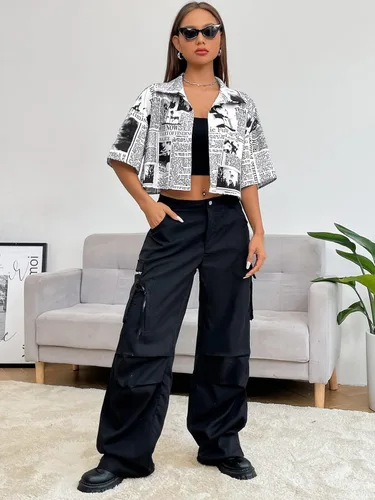 Vista 5 de SOLY HUX Camisa de manga corta con botones y estampado gráfico para mujer, blusas casuales