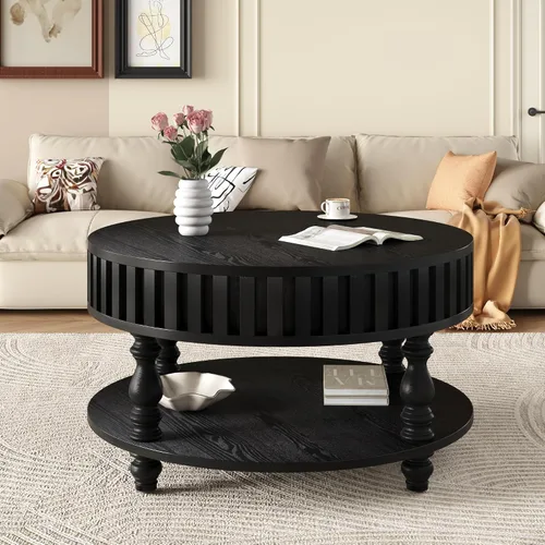 Vista 8 de TesNus Mesa auxiliar redonda de 31.5 pulgadas con almacenamiento, mesa de centro de madera moderna para sala de estar, mesa central pequeña