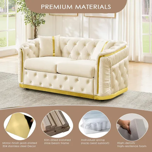 Vista 3 de Sofá Chesterfield de 62.6 pulgadas, moderno de mediados de siglo, sofá de terciopelo blanco beige y dorado, sofás de lujo para sala de estar