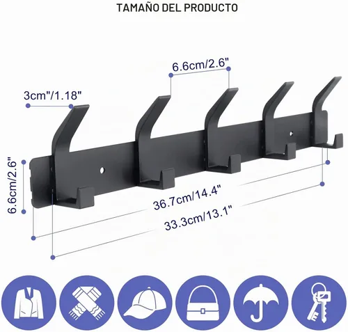 Vista 2 de Perchero montado en la pared, 5 ganchos para colgar abrigos, riel de metal resistente de doble gancho, perchero con ganchos, perchero de montaje