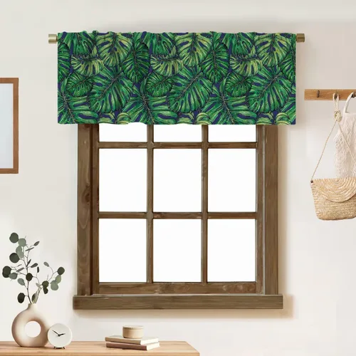 Vista 18 de Cortina de cenefa de hojas verdes tropicales, diseño de hojas de palmera, cenefa con bolsillo para barra, 1 panel, cortinas cortas para cocina