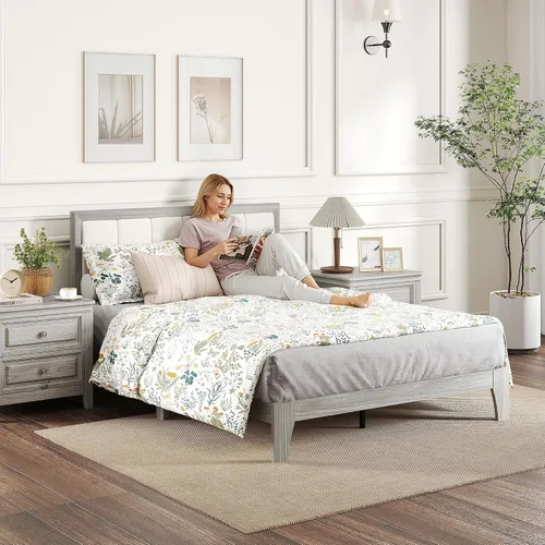 Vista 7 de HOMCOM - Base de cama de tamaño matrimonial, cabecera tapizada, listones de madera, color gris Marco de cama de plataforma, no necesita somier