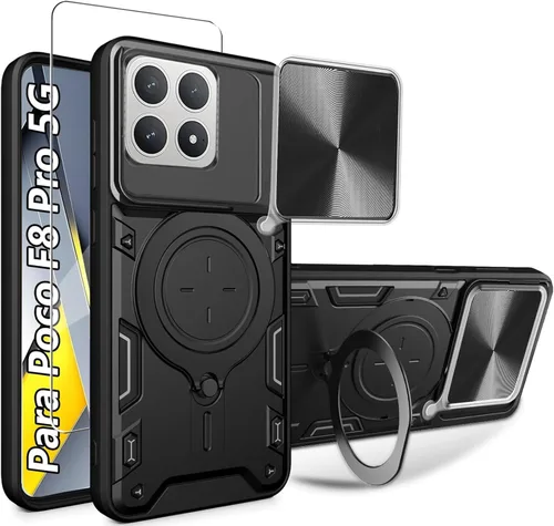 Vista 3 de Funda para teléfono Xiaomi Poco F6 5G con protector de pantalla de vidrio [2 unidades], funda protectora de cámara deslizante integrada, funda