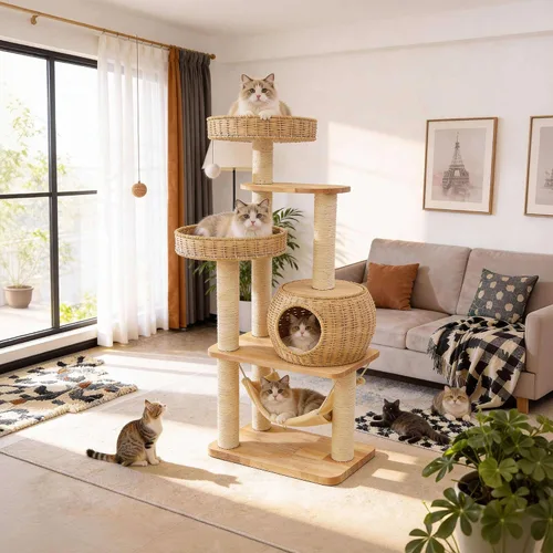 Vista 9 de Árbol para Gatos de Madera de 55" para Gatos de Interior Grandes Adultos, Torre Alta para Gatos con Poste Rascador y Hamaca Acogedora para Gatos