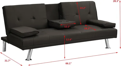 Vista 2 de LUMISOL Sofá cama tipo futón plegable convertible con 2 portavasos, sofá cama para sala de estar, sofá biplaza con marco de madera con patas