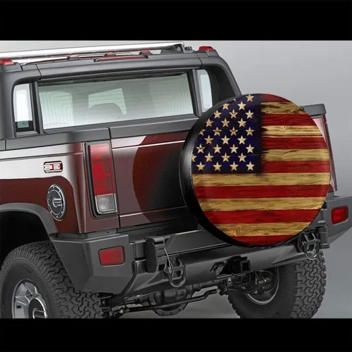 Vista 2 de Cubierta de neumático Bandera Americana de madera recuperada de poliéster potable universal para rueda de repuesto para remolque, RV, SUV