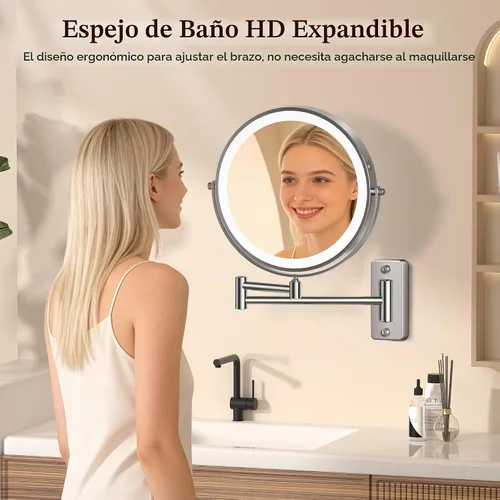 Vista 7 de Espejo de maquillaje iluminado grande de 9 pulgadas, espejo de aumento recargable de 5000 mAh con 3 luces de color regulables al tacto, brazo Pearl
