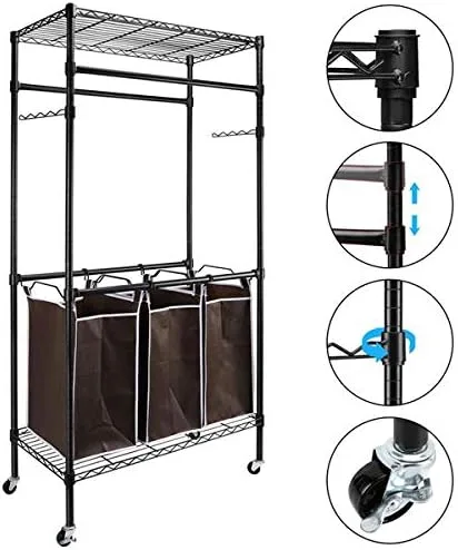 Vista 4 de HopeHope Perchero para colgar ropa, perchero plegable con ruedas, altura ajustable. Clasificador de ropa de 3 bolsas
