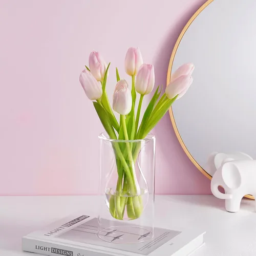 Vista 4 de ZENS Florero Pequeño de Flor Rosa Único, Florero de Vidrio Transparente Flotante Doble Hueco, Moderno Jarrón Decorativo Soplado a Mano Fresco