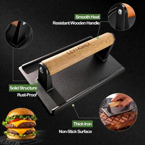 Vista 4 de Paquete de 2.1 libras de peso para carne y hamburguesa, base a rayas, prensa de hierro fundido resistente de 7 x 4 pulgadas con mango de madera