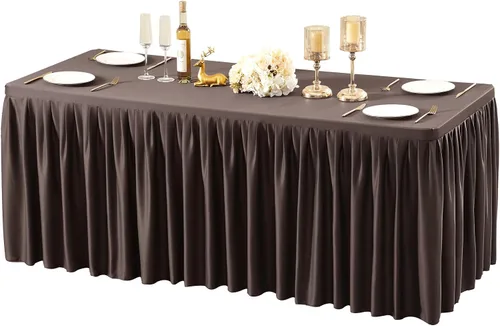 Vista 15 de Manteles de poliéster negro para mesas rectangulares de 4 pies, cubierta de mesa ajustada sin arrugas con falda de mesa plisada con volantes