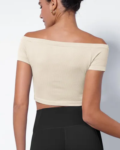 Vista 3 de ODODOS Paquete de 2 camisetas cortas con hombros descubiertos para mujer, manga corta, sin costuras, camisetas acanaladas