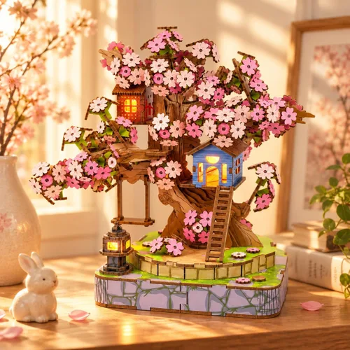 Vista 8 de Sakura Tree House Kit de casa en miniatura para adultos, rompecabezas de madera 3D con luz, juego de construcción de flor de cerezo japonés
