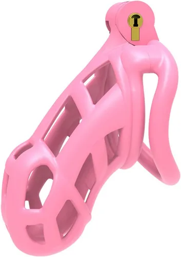Vista 9 de Jaula de castidad rosa masculina 3.0, dispositivo de castidad masculina con 4 anillos para el pene, jaula ligera de resina para hombre para pene