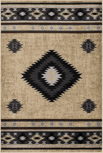 Vista 3 de Hoylake Southwestern - tapete estilo tribal, azteca, indio americano e indie, felpudo, pequeño, marrón, gris, negro, 1 pie y 10 pulgadas por 2 pies