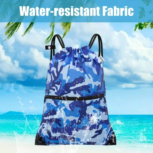 Vista 5 de Mochila deportiva con cordón, bolsa de gimnasio para yoga, viajes, para mujeres y hombres, tamaño grande con bolsillos con cremallera, Camuflado