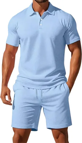 Vista 9 de Conjunto deportivo de 2 piezas para hombre, conjunto deportivo casual de polo y pantalones cortos, conjunto deportivo de verano, playa, talla grande