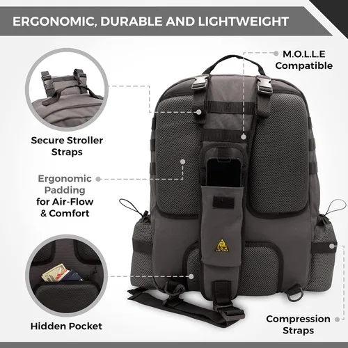Vista 6 de T.O.M HORIZONS Bolsa de pañales para papá; sistema de cambio de pañales con una sola mano. Cambiador de pañales y mucho más incluido