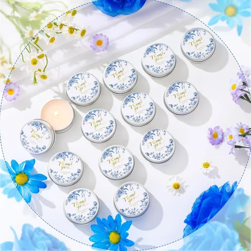 Vista 2 de MTLEE 50 piezas de velas de boda azules florales, regalos de favores para invitados, 1 oz de cera de soja con aroma a lavanda, velas aromáticas
