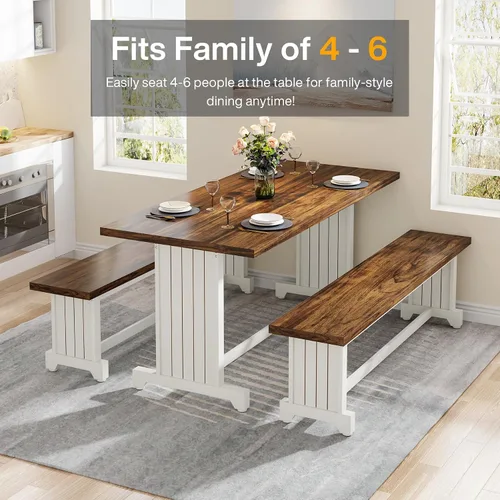 Vista 10 de Tribesigns Juego de mesa de comedor pequeña de 47 pulgadas para 2, mesa de cocina de 3 piezas con 2 bancos, muebles de cena de madera de granja