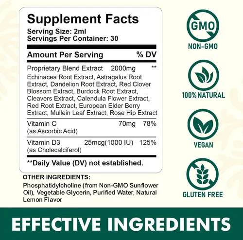 Vista 2 de Gotas líquidas de drenaje linfático liposomal, suplemento de apoyo linfático con raíz de diente de león, cuchillas, equinácea, caléndula