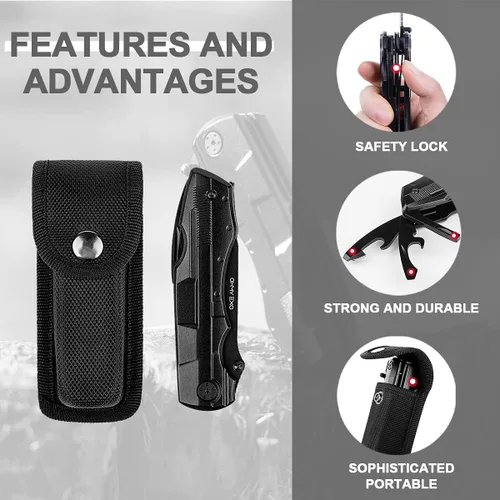 Vista 4 de Cuchillo plegable de bolsillo multiherramienta de acero inoxidable, multiherramienta portátil con alicates, abrebotellas y latas y más, cuchillos