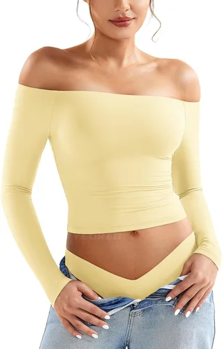 Vista 12 de YEOREO Sophie - Camisetas básicas de manga larga con hombros descubiertos para mujer, con doble forro, para salir Y2K Negro