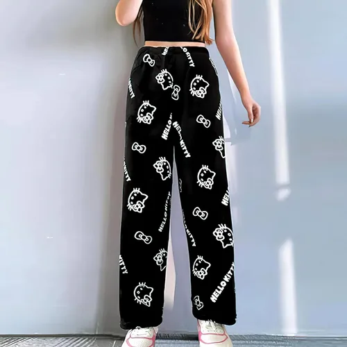 Vista 4 de Pijamas de anime de Halloween para mujeres y niñas, dibujos animados de gato, todos los personajes, franela, pantalones de pijama para dormir