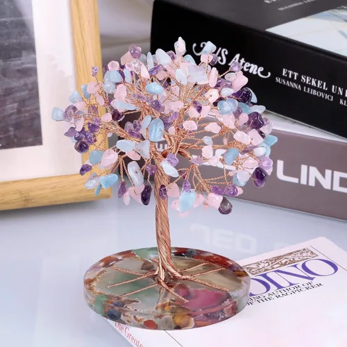 Vista 3 de SUNYIK Juego de árbol de dinero de cristal hecho a mano sobre base de rodajas de ágata orgánica, árbol de la vida curativo de cristales de chakras