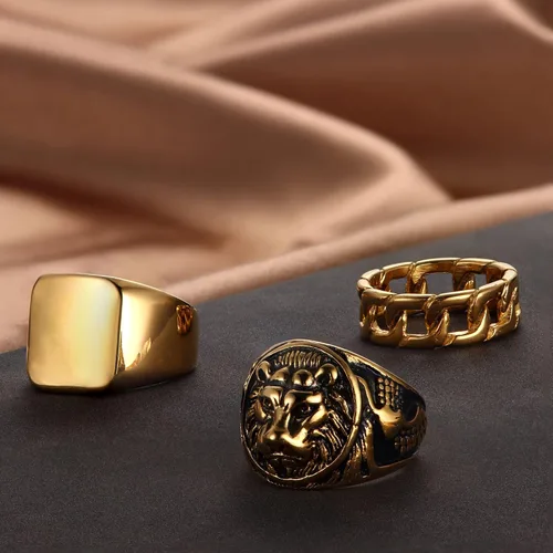 Vista 7 de HANPABUM 3 anillos chapados en oro de 14 quilates para hombres y mujeres, anillo grueso de eslabones cubanos, talla 7-15, Oro