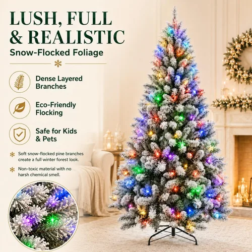 Vista 6 de Árbol de Navidad flocado de 6 pies preiluminado, árbol de Navidad Blanco (luz coloreada)