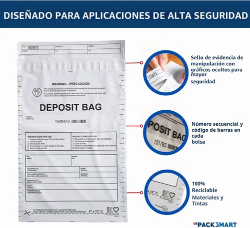 Vista 2 de Bolsas de Depósito de Plástico Opaco 10"x13" Depósitos Bancarios Seguros, Manejo de Efectivo o Transporte Seguro de Moneda Códigos de Barras