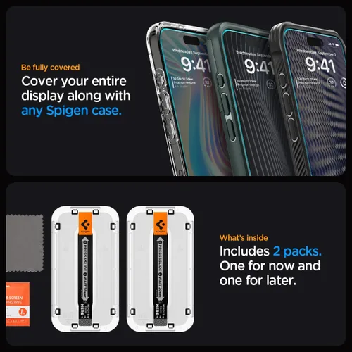 Vista 8 de Spigen Protector de pantalla de vidrio templado [GlasTR EZ FIT] diseñado para iPhone 15 Pro [compatible con carcasa] - Paquete de 2 9H Hardness
