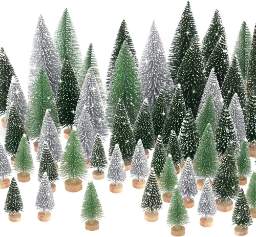 Vista 2 de 30 piezas de mini decoración de árbol de Navidad, árbol de Navidad artificial, 5 tamaños, mini árboles de escarcha de nieve de sisal con base