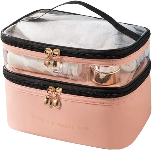 Vista 4 de Bolsa de maquillaje de viaje, impermeable, doble capa, bolsa de cosméticos, bolsa de almacenamiento de gran capacidad para viajar (negro)