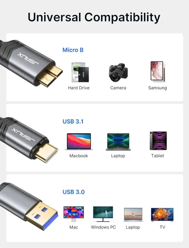 Vista 5 de JSAUX Cable de disco duro de 1.6 pies, cable micro B a USB C/A de 20 Gbps, cable de disco duro externo trenzado de nailon compatible con Seagate WD
